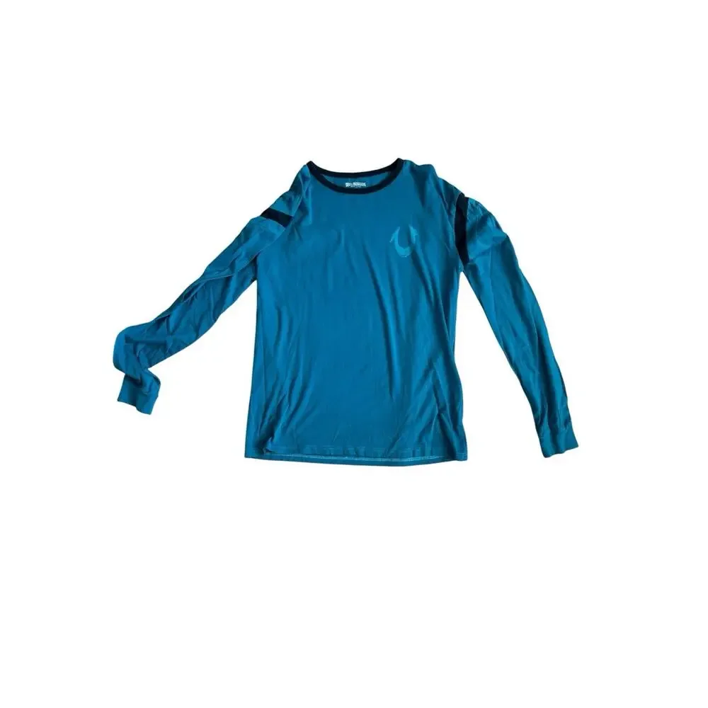 True Religion Brand Jeans Long Sleeve Ringer T-shirt Aqua & Navy Blue Large